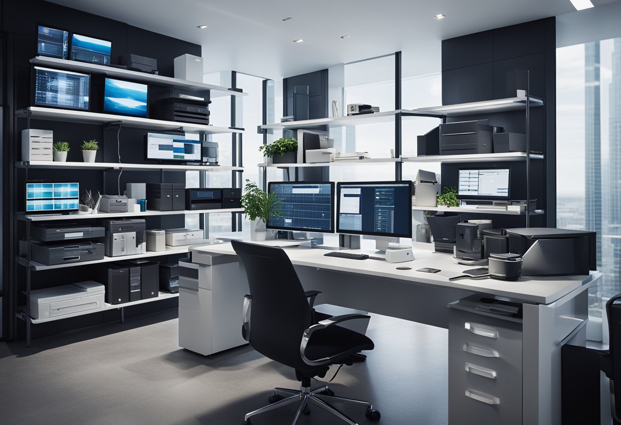 A modern office with labeled shelves holding various equipment and devices, while a computer screen displays a digital asset management system