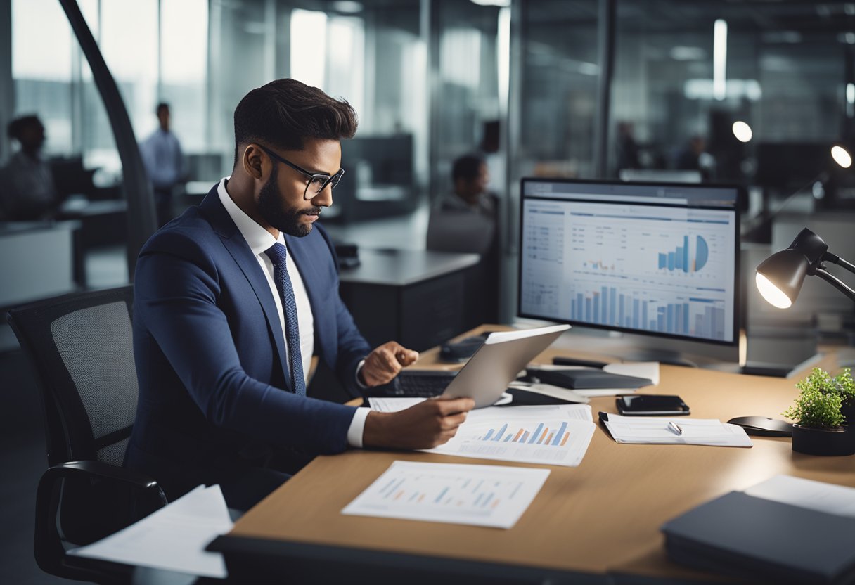 A business professional reviewing financial reports and inventory levels in a modern office setting