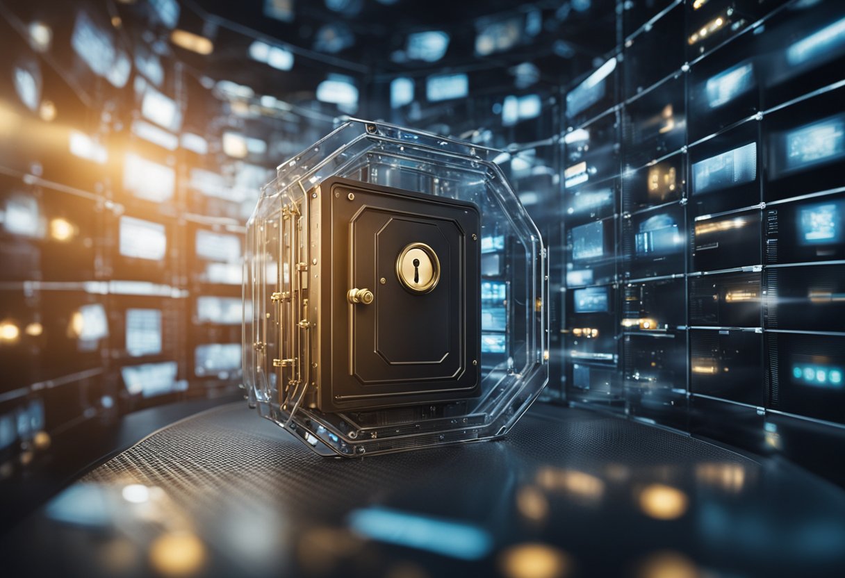 A secure vault with multiple layers of protection and surveillance, surrounded by a network of interconnected financial assets