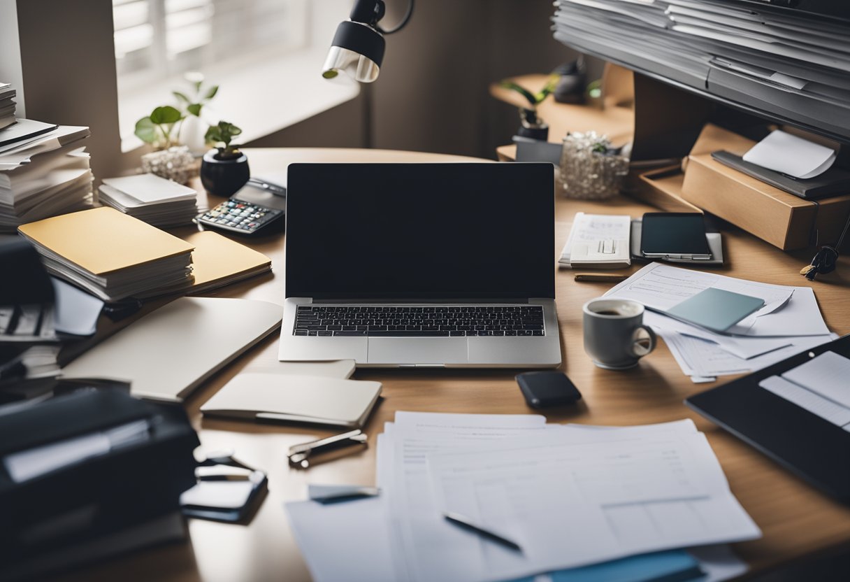 A cluttered desk with scattered papers, a computer, and a filing cabinet, symbolizing the need for efficient asset management for small businesses