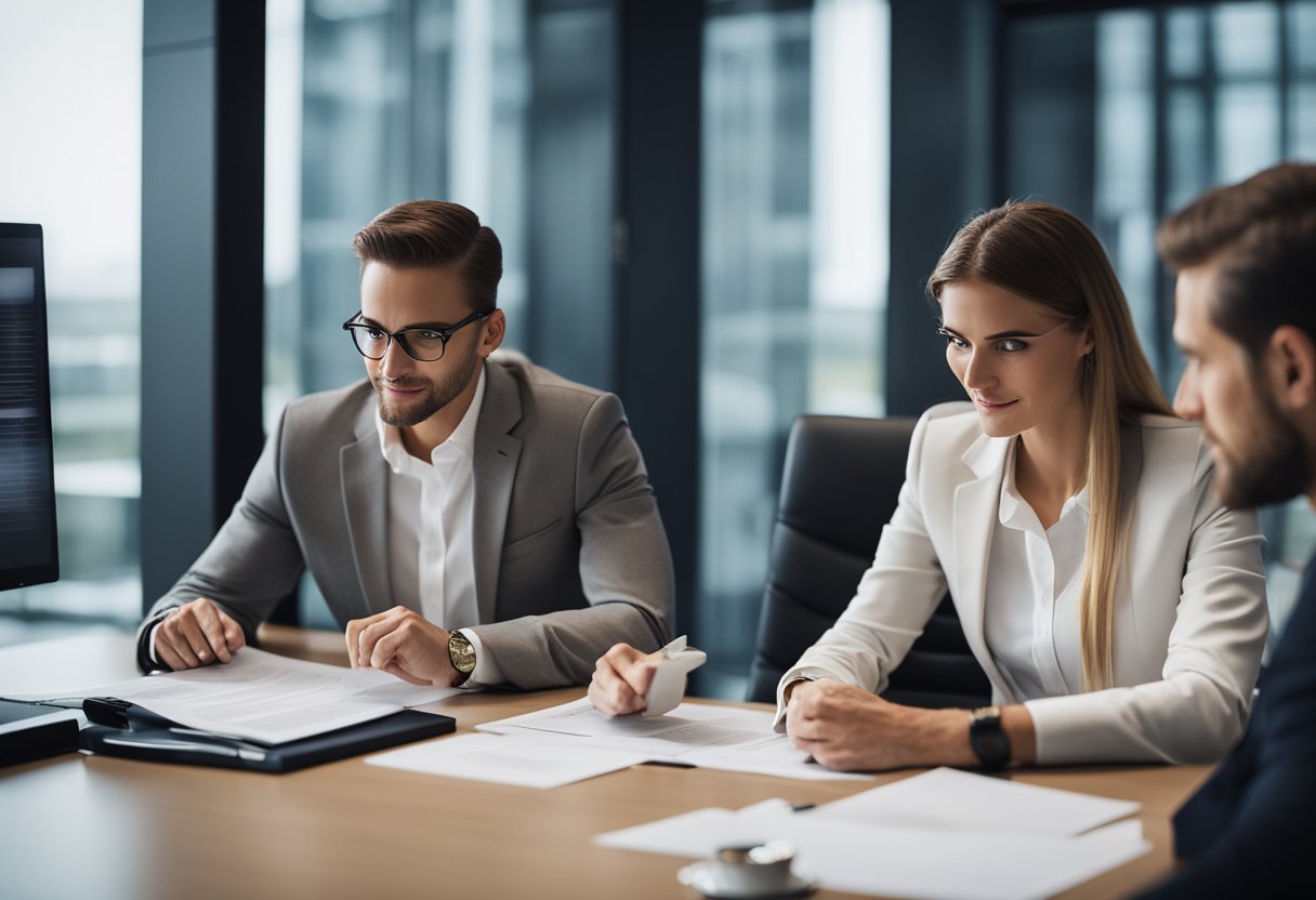A group of investment professionals reviewing legal documents in a modern office setting in Luxembourg