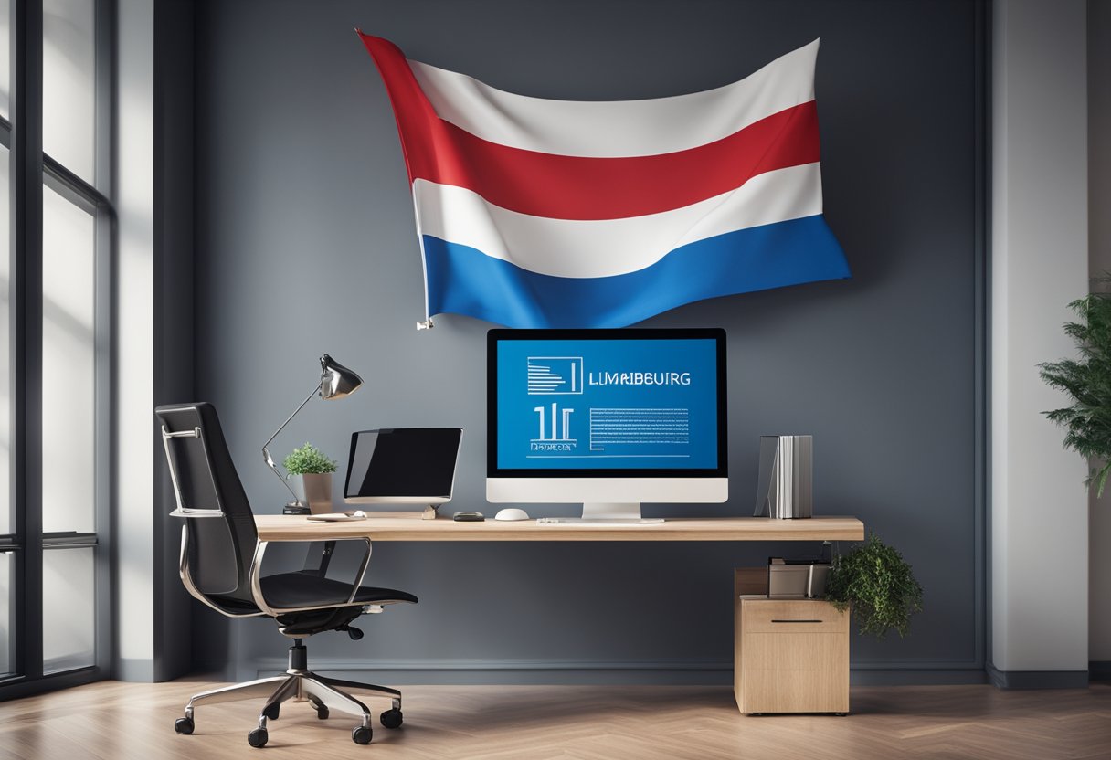 A modern office setting with a sleek desk, computer, and legal documents. A Luxembourg flag is displayed on the wall