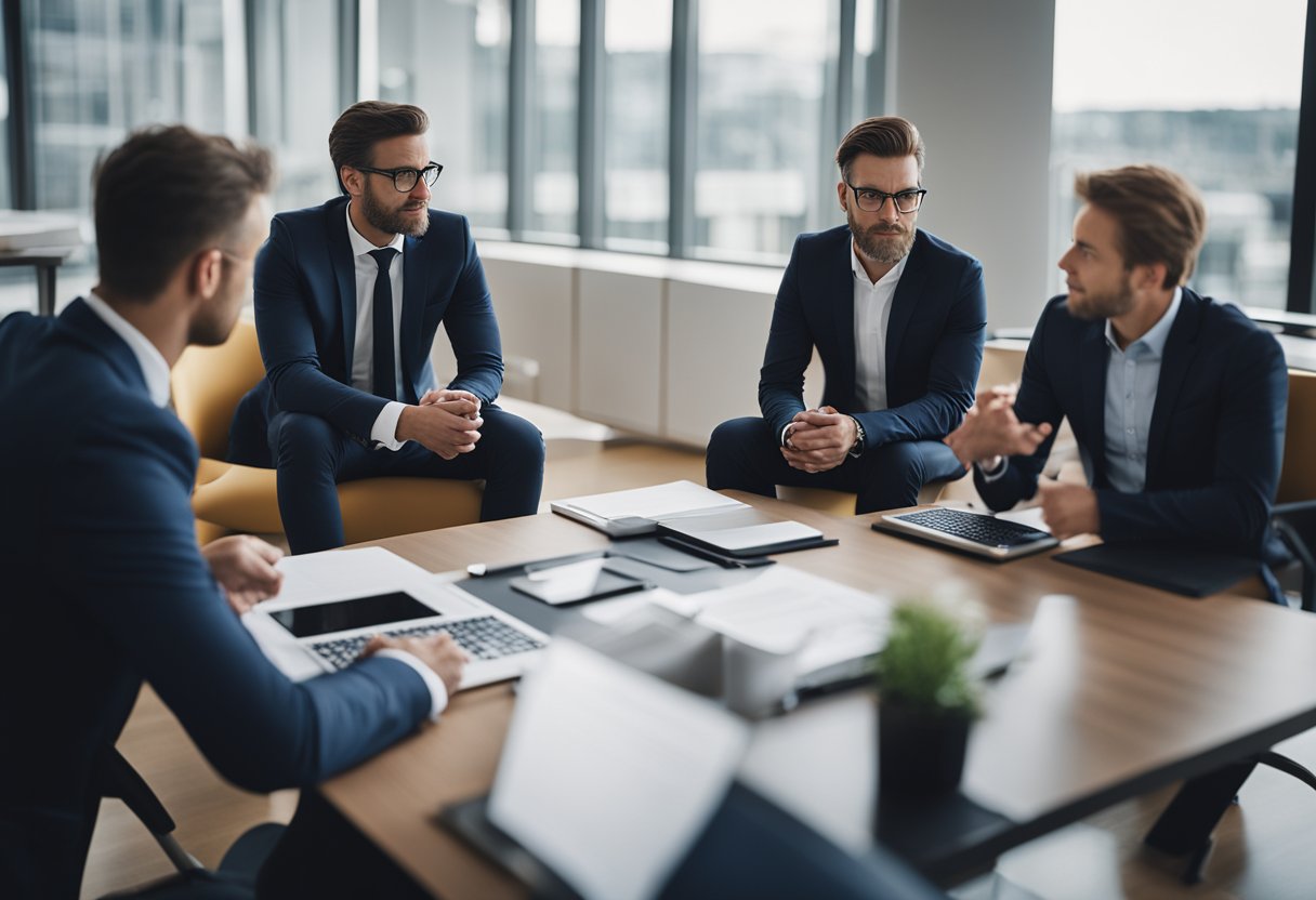 A group of professionals discussing investment fund regulations in a modern office setting in Luxembourg
