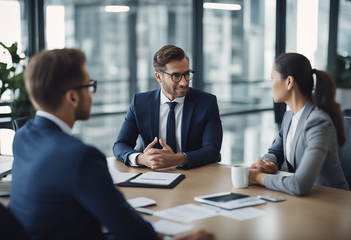 A group of financial professionals discussing investment fund governance in a modern office setting