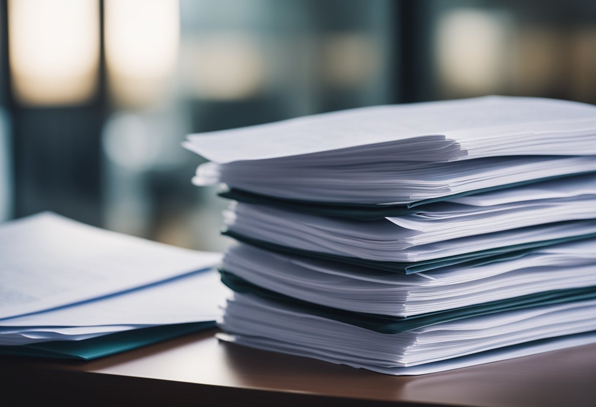 A stack of legal documents and financial charts on a desk in a modern office setting