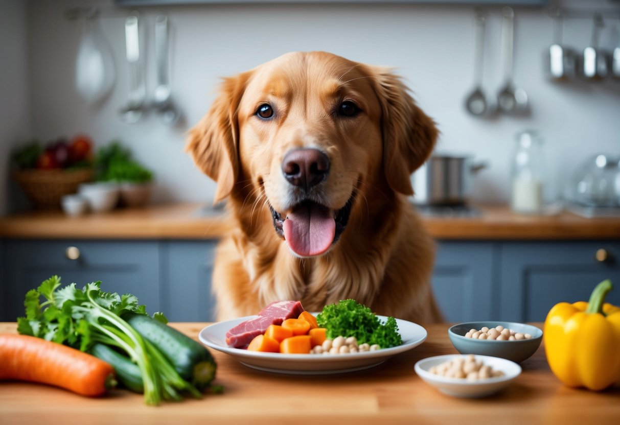 A golden retriever happily eats a balanced diet of fresh meat, vegetables, and supplements for a healthy, shiny coat