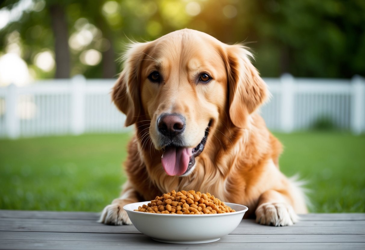 A golden retriever happily eating from a bowl of balanced and nutritious food, with a shiny and healthy coat