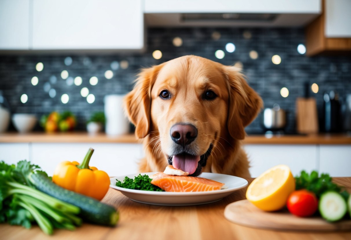 A golden retriever happily eating a balanced meal with omega-3 rich fish and fresh vegetables to support a healthy coat