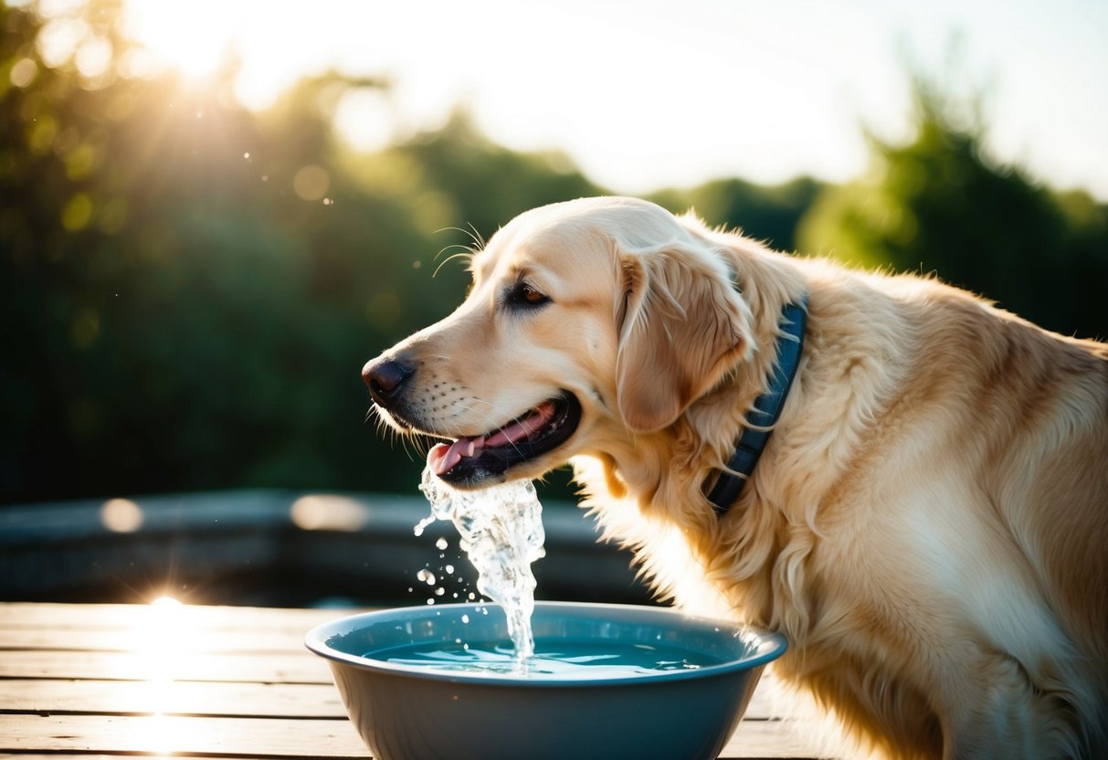 A golden retriever happily drinking from a large bowl of water, with a shiny and healthy coat glistening in the sunlight