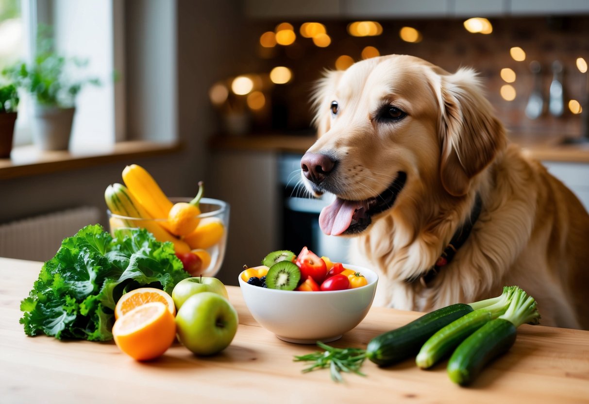 A golden retriever happily eating a bowl of fresh fruits and vegetables next to a shiny coat and a healthy diet plan