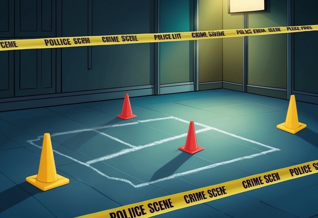 A dimly lit crime scene with police tape, evidence markers, and a chalk outline on the ground