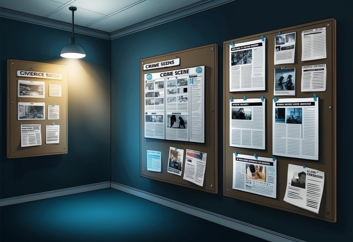 A dimly lit room with evidence boards, crime scene photos, and newspaper clippings pinned to the walls