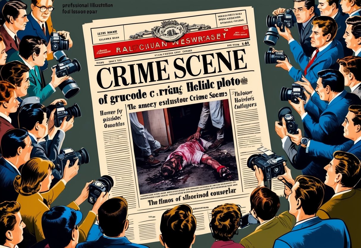 A vintage newspaper headline with a gruesome crime scene photo, surrounded by a crowd of curious onlookers and flashing cameras