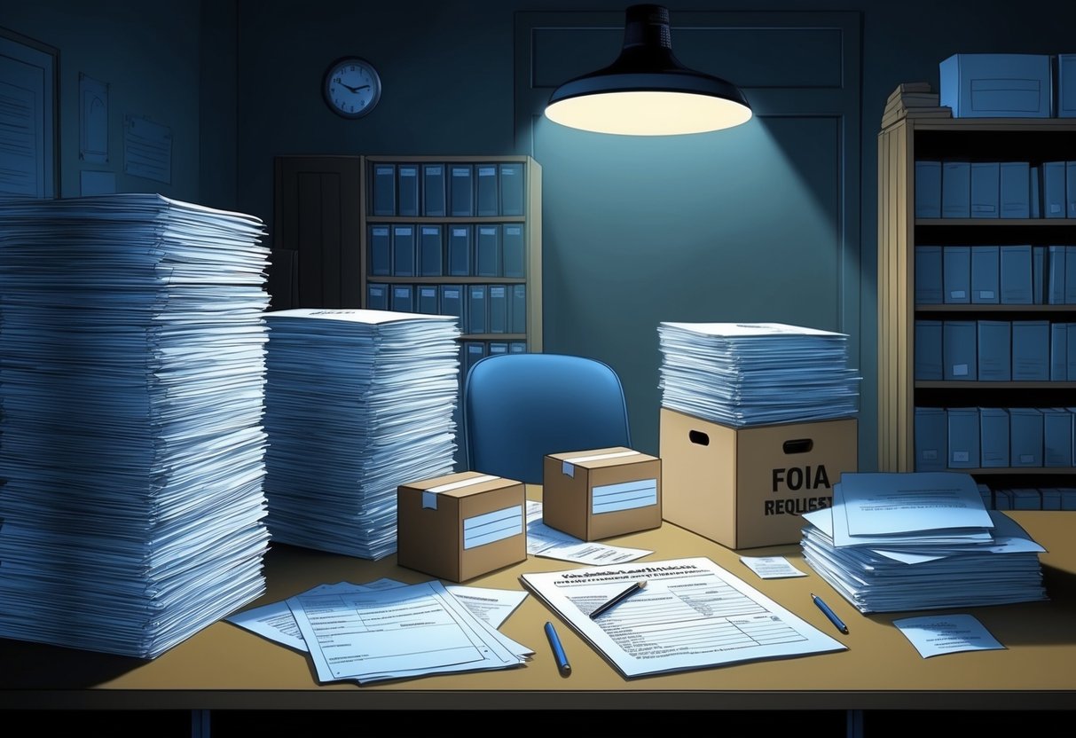 A dimly lit room with stacks of legal documents and evidence boxes, a FOIA request form on a desk, and a detective's notes scattered across the table