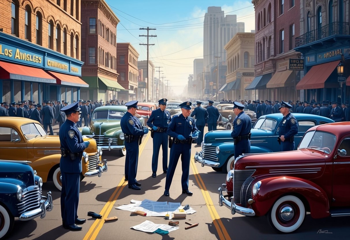 A crowded 1940s Los Angeles street with vintage cars and police officers investigating a crime scene