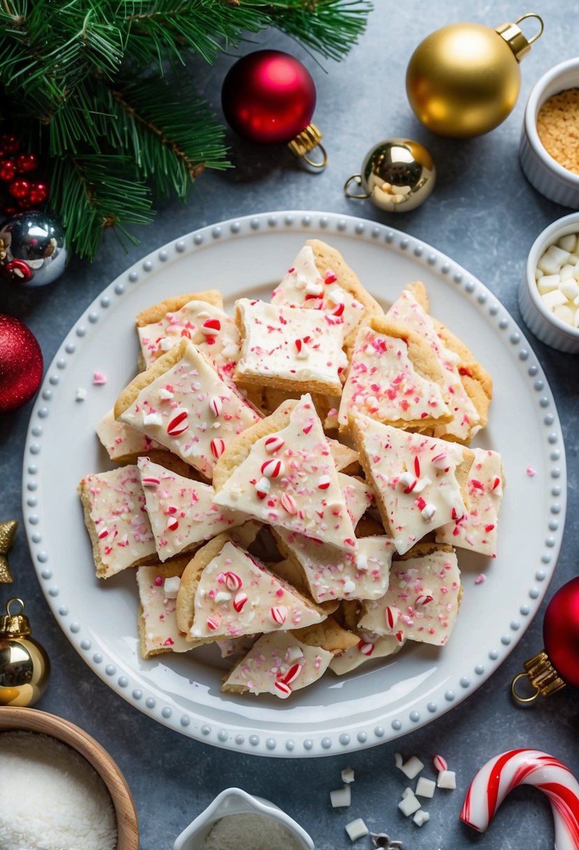 A festive kitchen scene with a plate of peppermint bark cookies surrounded by holiday decorations and ingredients