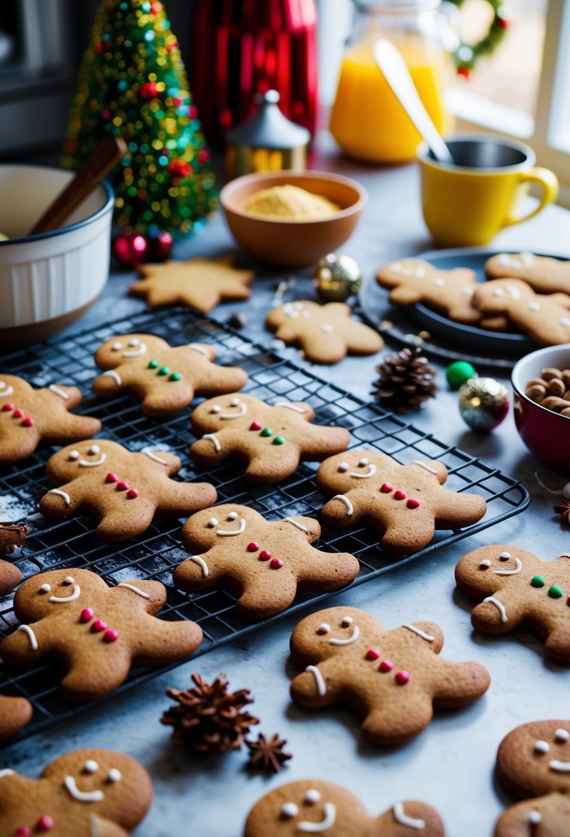 A festive kitchen scene with a variety of gingerbread men cookies displayed on a table, surrounded by ingredients and holiday decorations