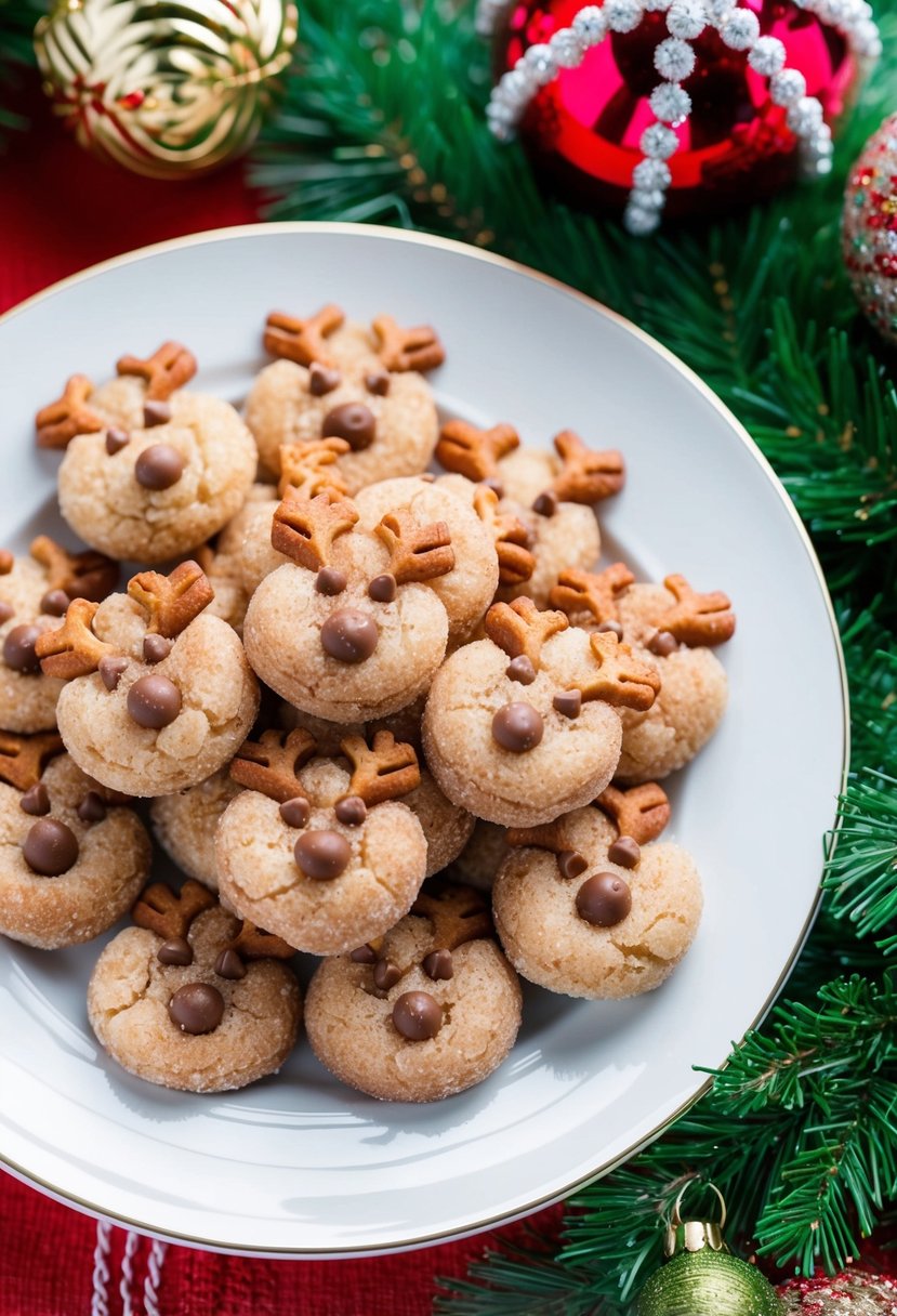 A plate of snickerdoodle reindeer bites surrounded by festive holiday decorations