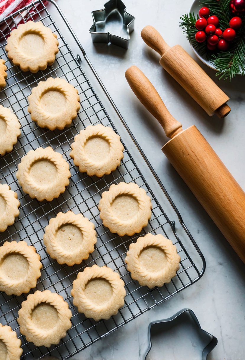 A festive kitchen counter with a tray of freshly baked classic sugar cookies cooling next to a rolling pin and cookie cutters