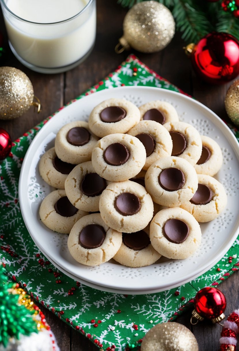A festive plate of eggnog thumbprint cookies surrounded by holiday decorations and a glass of milk