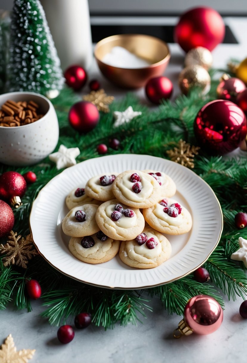 A festive kitchen counter with a plate of white chocolate cranberry cookies surrounded by holiday decorations and ingredients