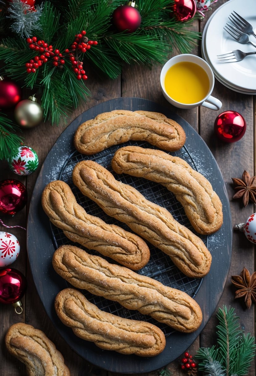 A cozy kitchen scene with a rustic wooden table covered in freshly baked nutmeg log cookies and festive Christmas decorations