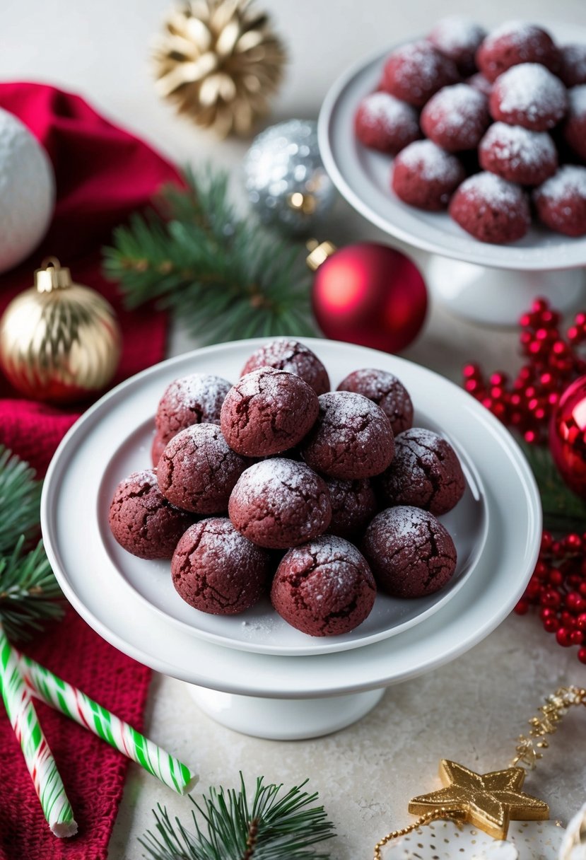 A festive table with a platter of red velvet snowball cookies surrounded by holiday decorations