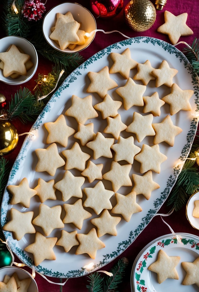 A festive table spread with a variety of shortbread star-shaped cookies, surrounded by holiday decorations and twinkling lights