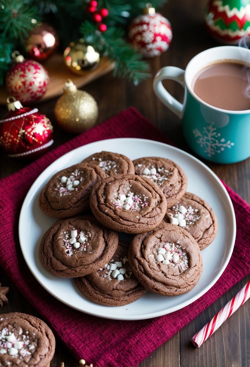 A cozy kitchen scene with a plate of hot cocoa cookies surrounded by festive decorations and a steaming mug of hot cocoa