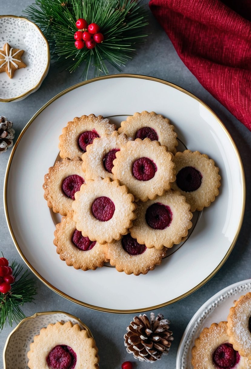 A festive holiday table with a plate of raspberry Linzer cookies surrounded by other Christmas cookie recipes