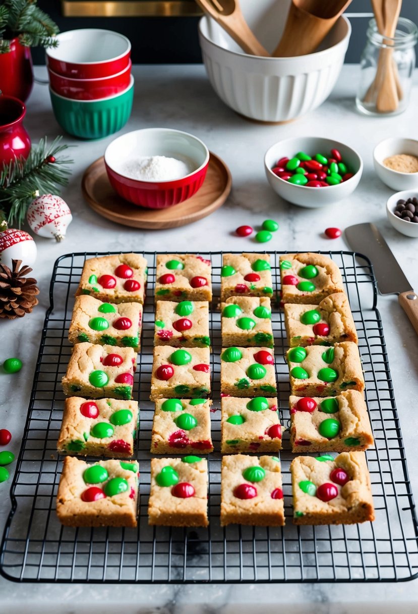 A festive kitchen counter with a batch of M&M Christmas cookie bars cooling on a wire rack, surrounded by holiday baking ingredients and utensils