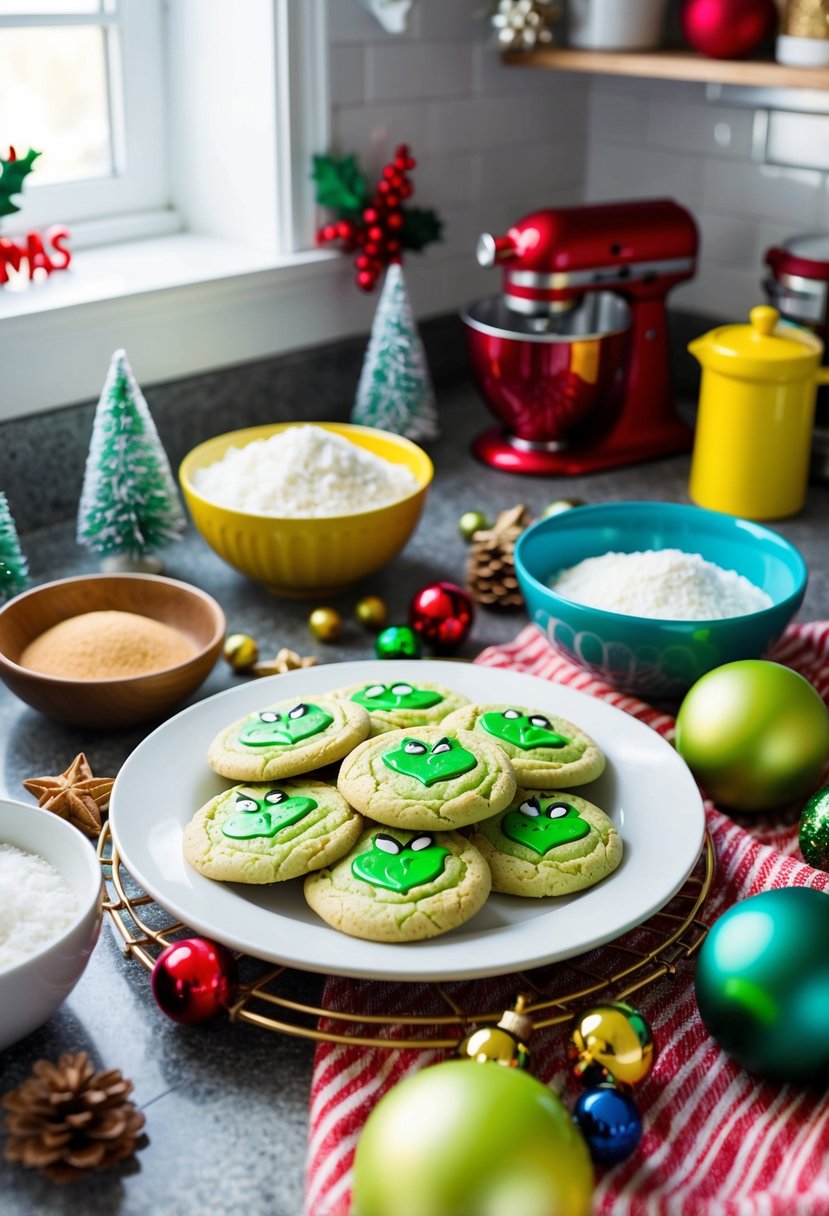 A festive kitchen counter with a plate of Grinch cookies surrounded by ingredients and Christmas decorations