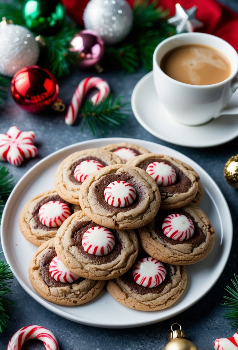 A festive kitchen scene with a plate of peppermint mocha cookies surrounded by holiday decorations and a steaming cup of coffee