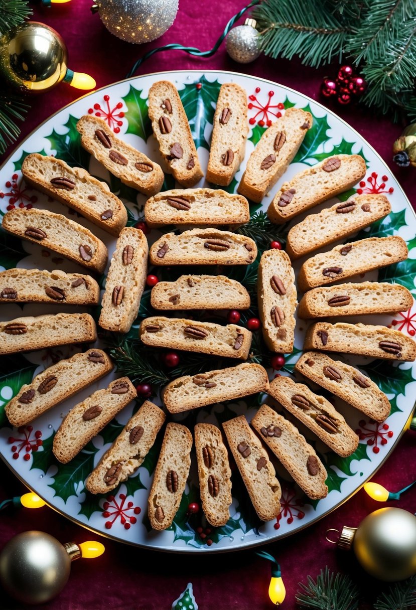 A festive spread of maple pecan biscotti arranged on a holiday-themed platter, surrounded by festive decorations and twinkling lights