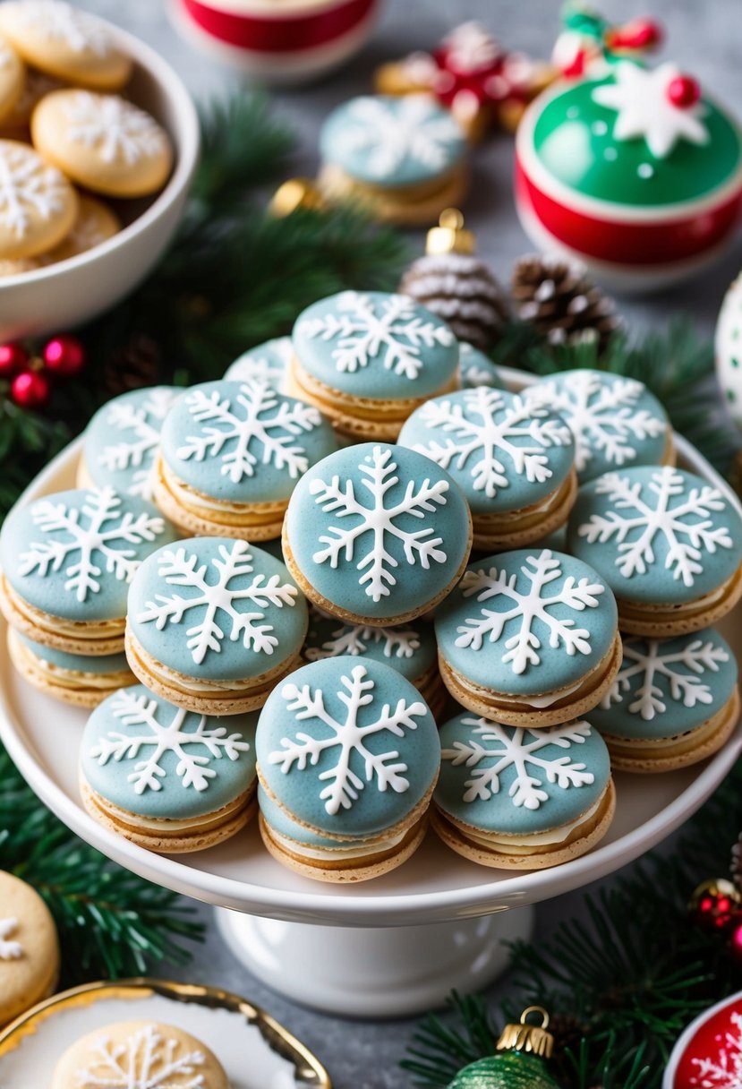 A festive table display of snowflake macarons surrounded by other holiday cookies and decorations