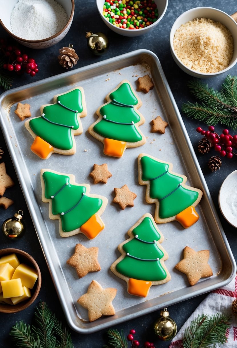 A festive kitchen scene with a tray of Christmas lights-shaped cookies surrounded by ingredients and holiday decorations