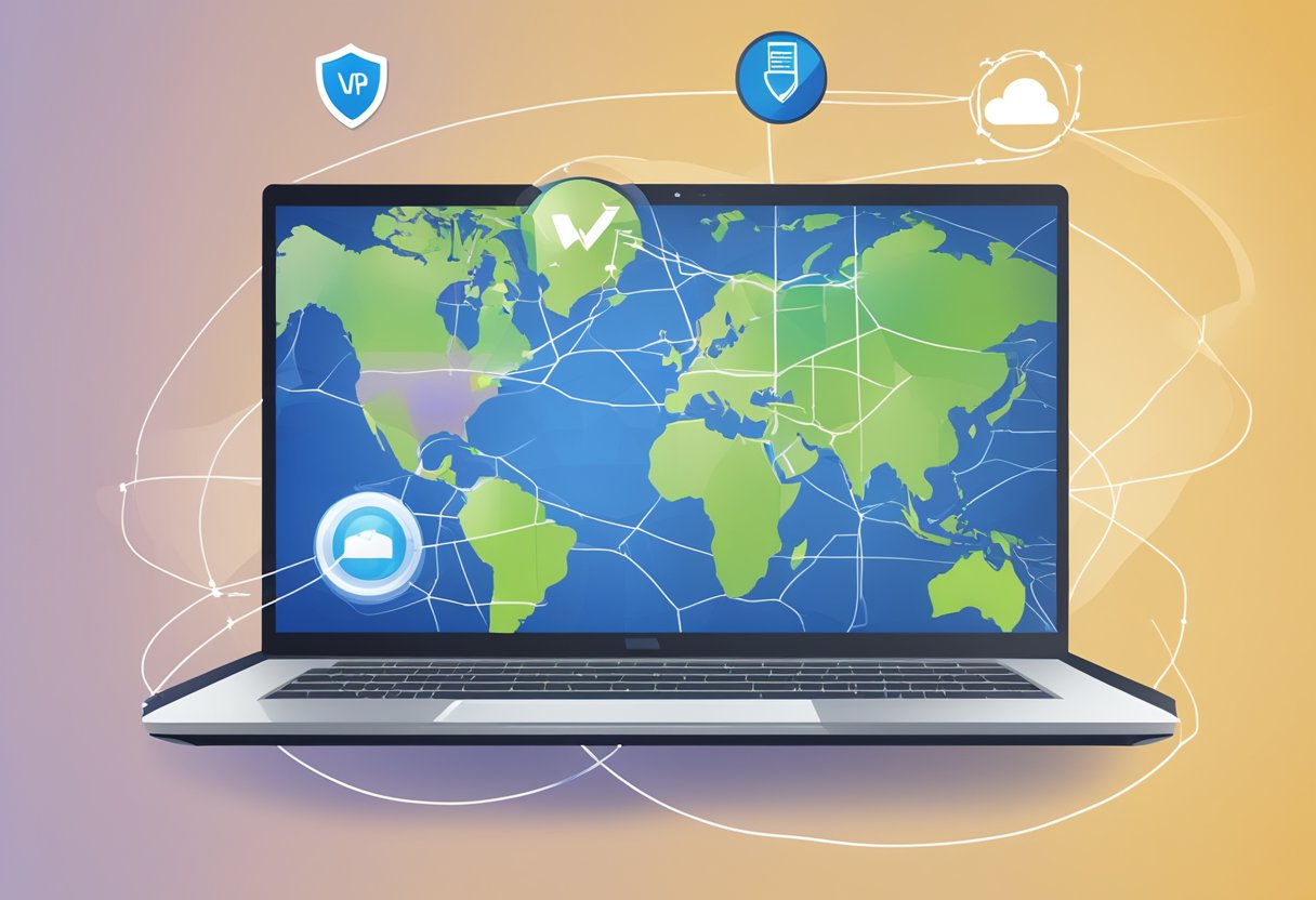 A computer screen with a map of a network drive, a VPN icon, and the Windows 10 logo