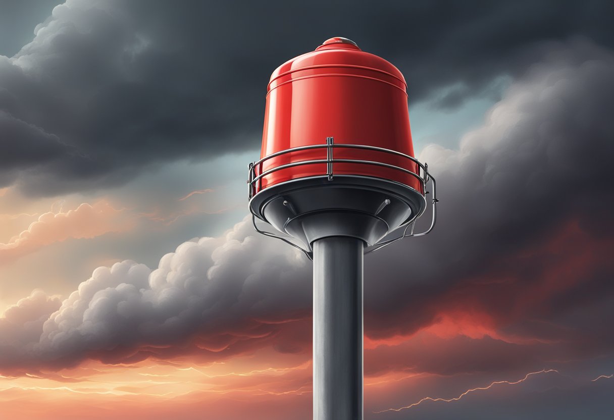 A bright red emergency siren flashes atop a tall metal pole against a stormy sky, warning of danger. Emergency communication needed.