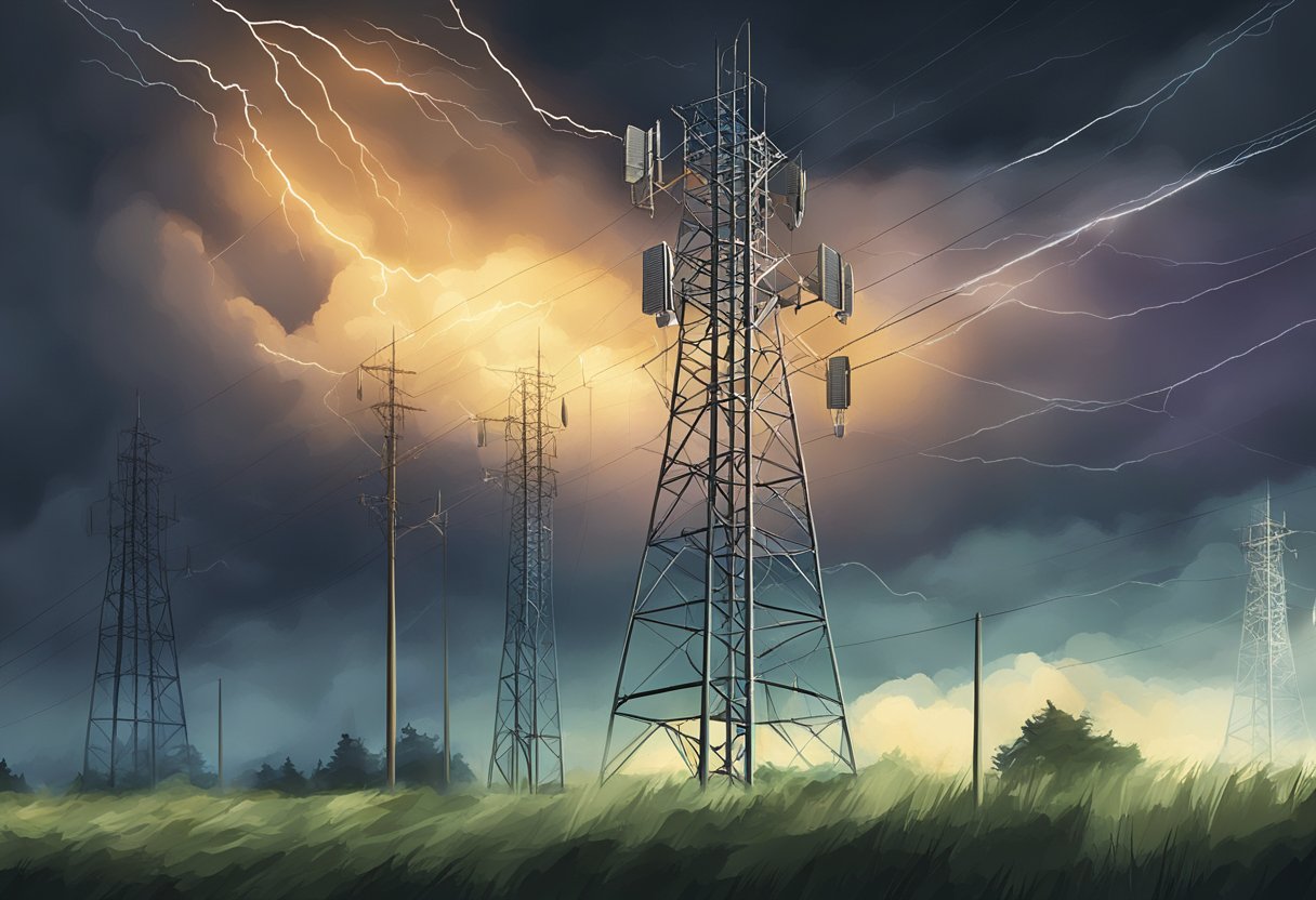 Emergency communication tower transmitting signals during a storm