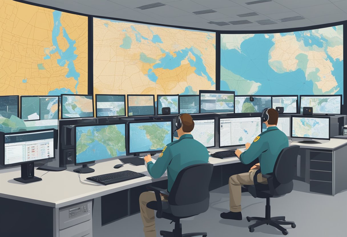 Emergency responders communicating via radio in a command center. Multiple screens display maps and data. A sense of urgency and coordination is evident