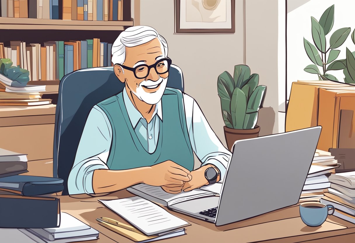 A senior with hearing aids sits at a computer, surrounded by books and notes. They smile, confidently working on an affiliate marketing campaign