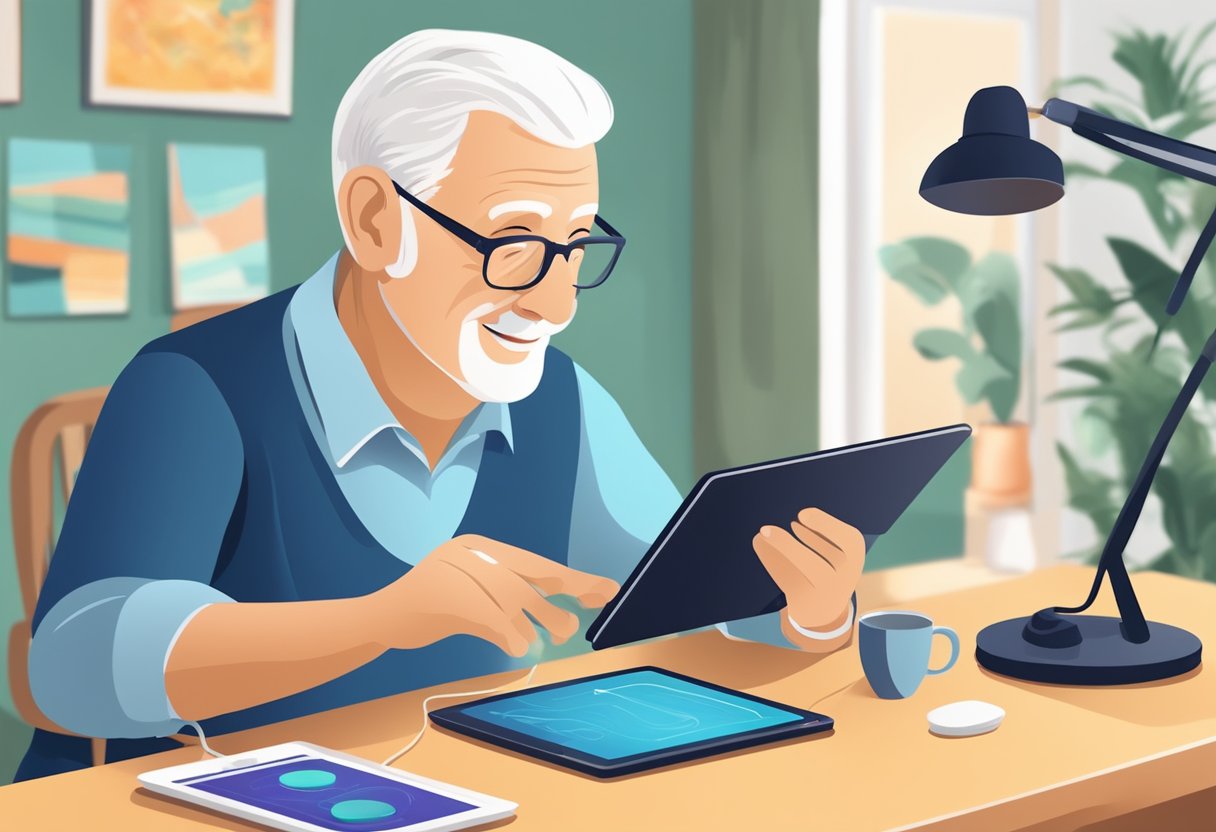 A senior with hearing aids uses a tablet to browse affiliate marketing strategies, surrounded by visual aids and a quiet, well-lit environment