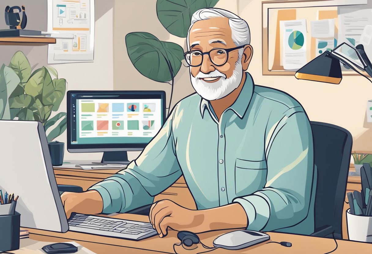 A senior with hearing aids sits at a computer, confidently managing an affiliate marketing campaign. A supportive environment surrounds them, with positive messages and symbols of success