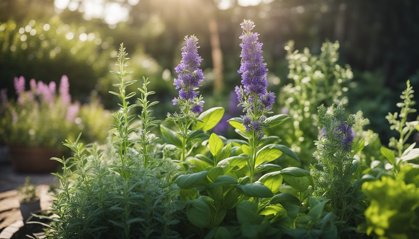 The herb garden blooms with basil, thyme, and rosemary, arranged in a backyard oasis