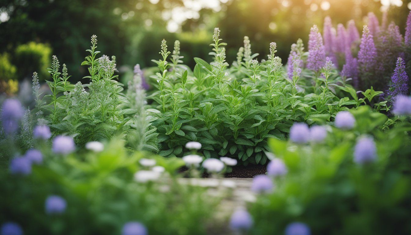 A lush herb garden blooms in the backyard, with fragrant basil, thyme, and rosemary interwoven in a beautiful arrangement