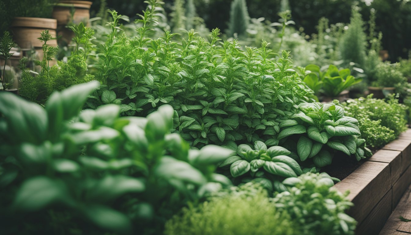 A lush herb garden with basil, thyme, and rosemary, carefully arranged in a backyard