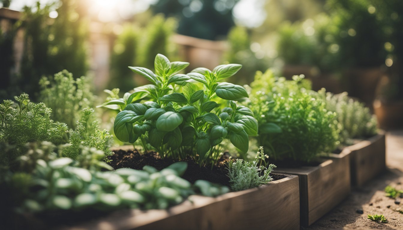 A lush herb garden, with basil, thyme, and rosemary, arranged in a backyard