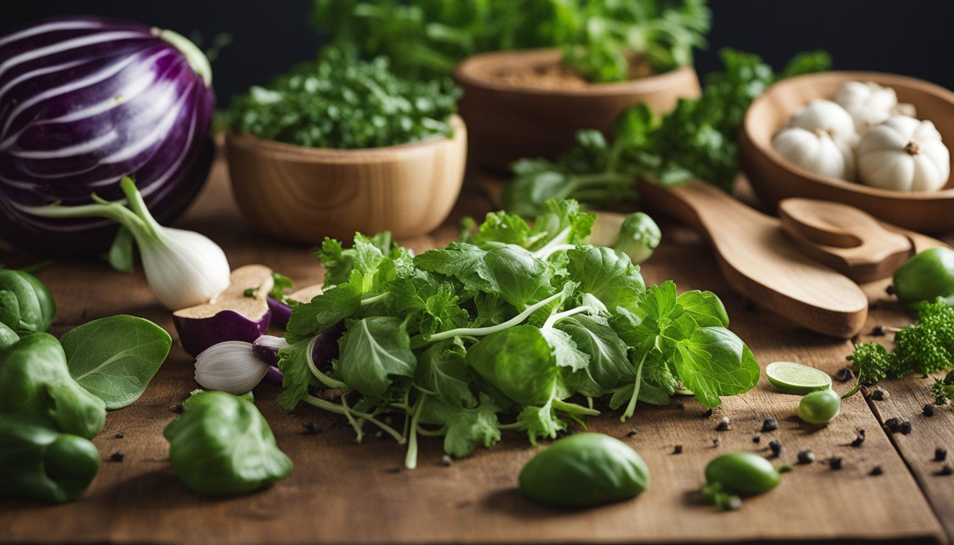 Vegetable and herb scraps on wooden table, ready to regrow