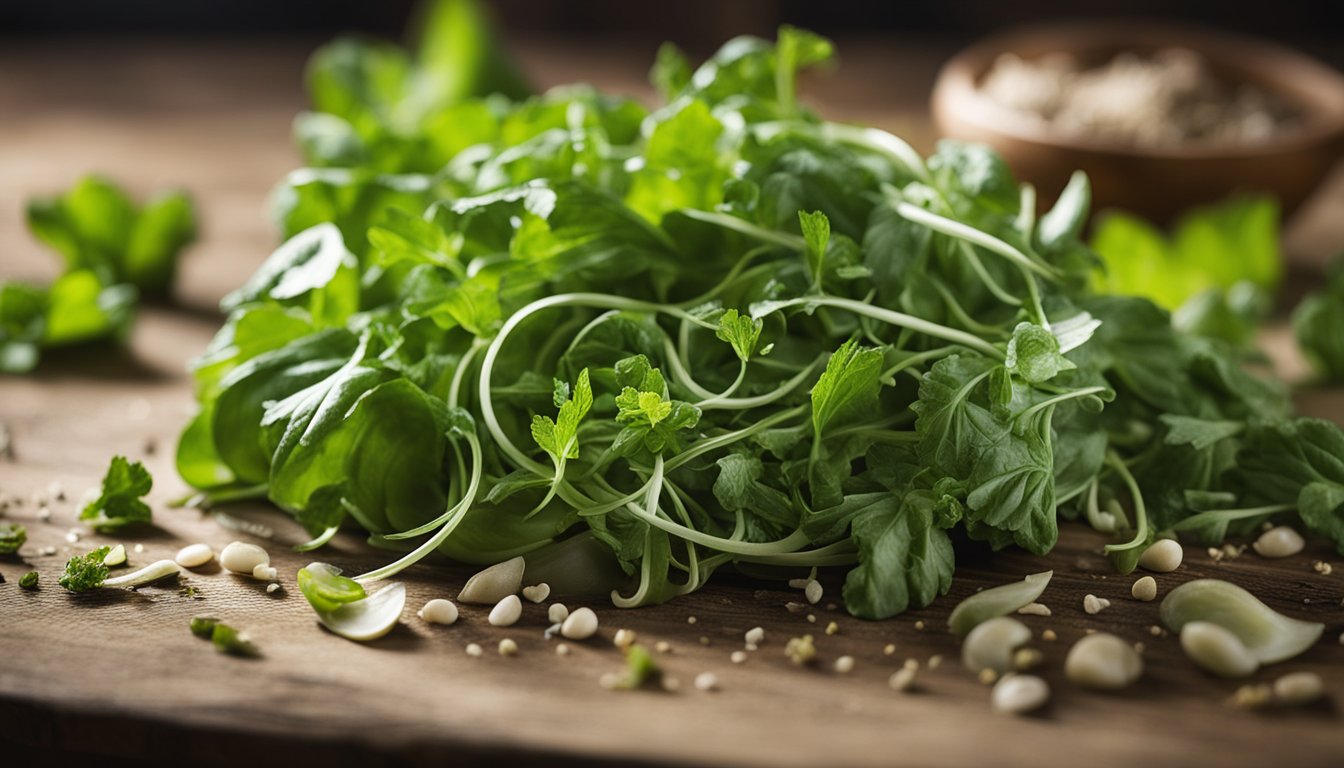 Vegetable and herb scraps on wooden table, ready to regrow