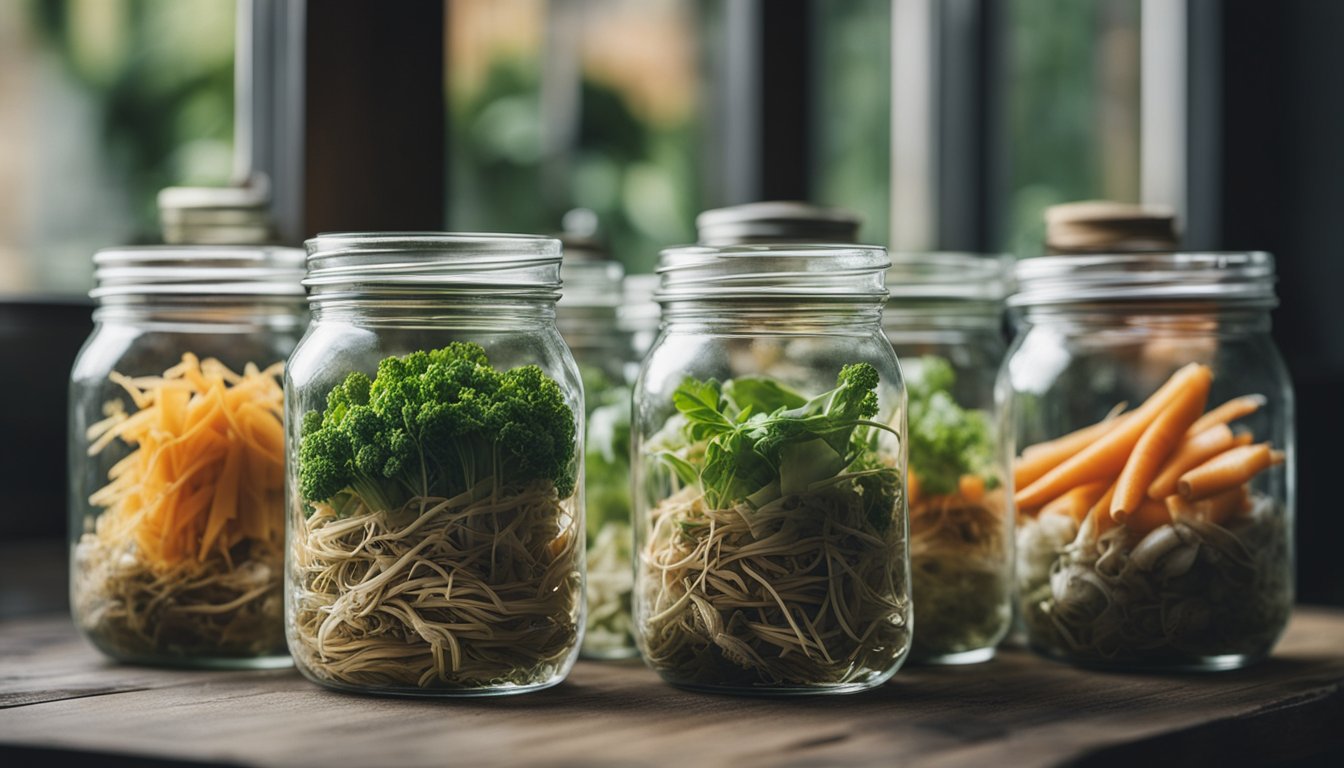 Jars of water with vegetable scraps, roots developing